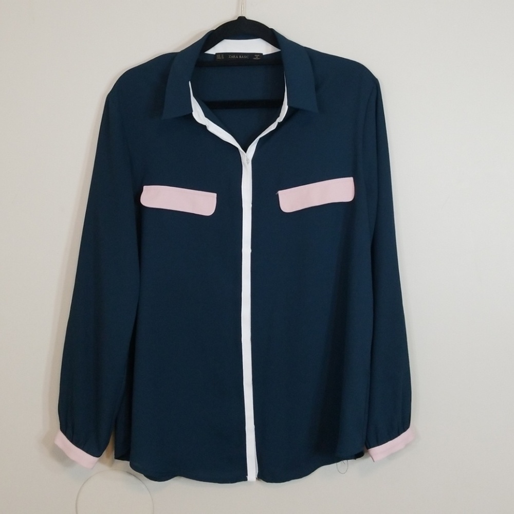 Zara Basic Green Pink Button Down Blouse - image 1